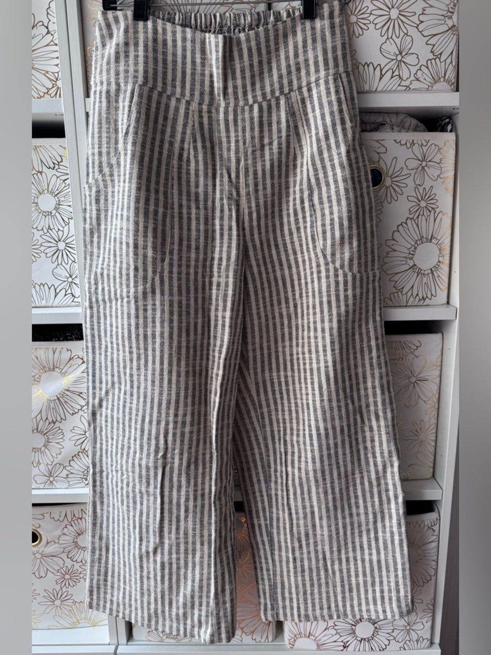 Rhea Dark Gray and Cream Striped High-Waister Wide-Leg Pants (Ankle/Cropped)